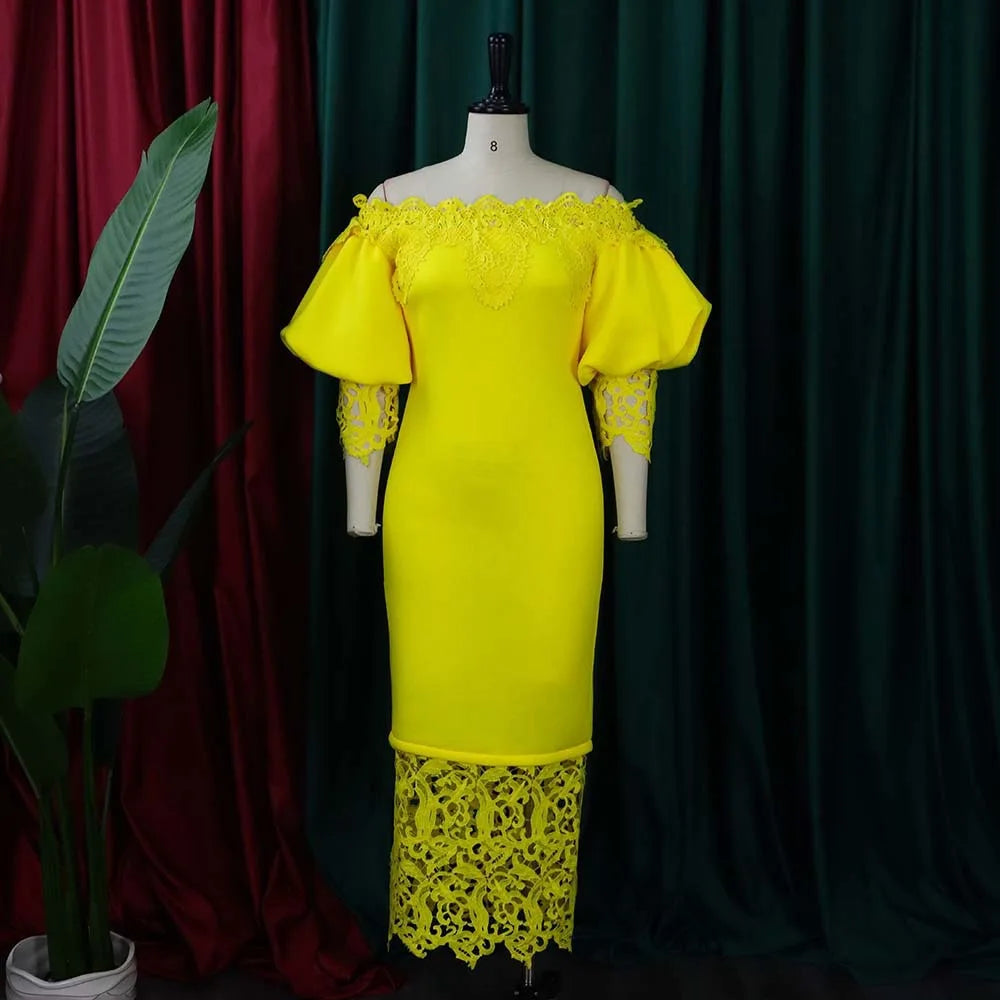 Elegant Dresses for Woman Off the Shoulder Lantern Sleeve Lace Patchwork Sheath Package Hips Ankle Length Luxury Birthday Dress