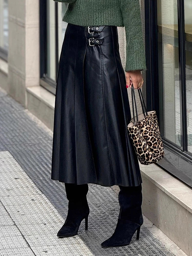 High Waist Lace-Up Faux Leather Midi Skirt for Women