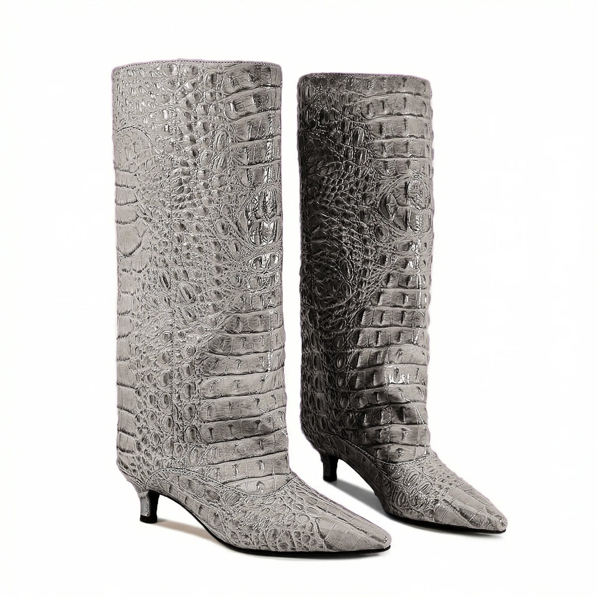 Crocodile Print Wide Shaft Kitten Heel Knee High Boots for Women