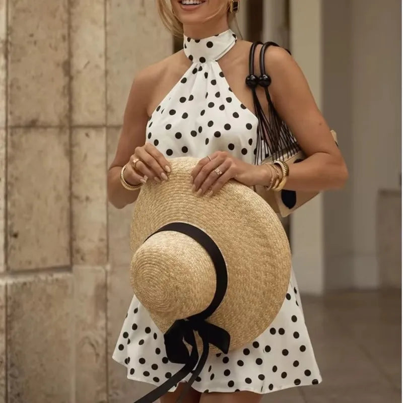 Elegant Halter Polka Dot Backless Mini Dress for Women
