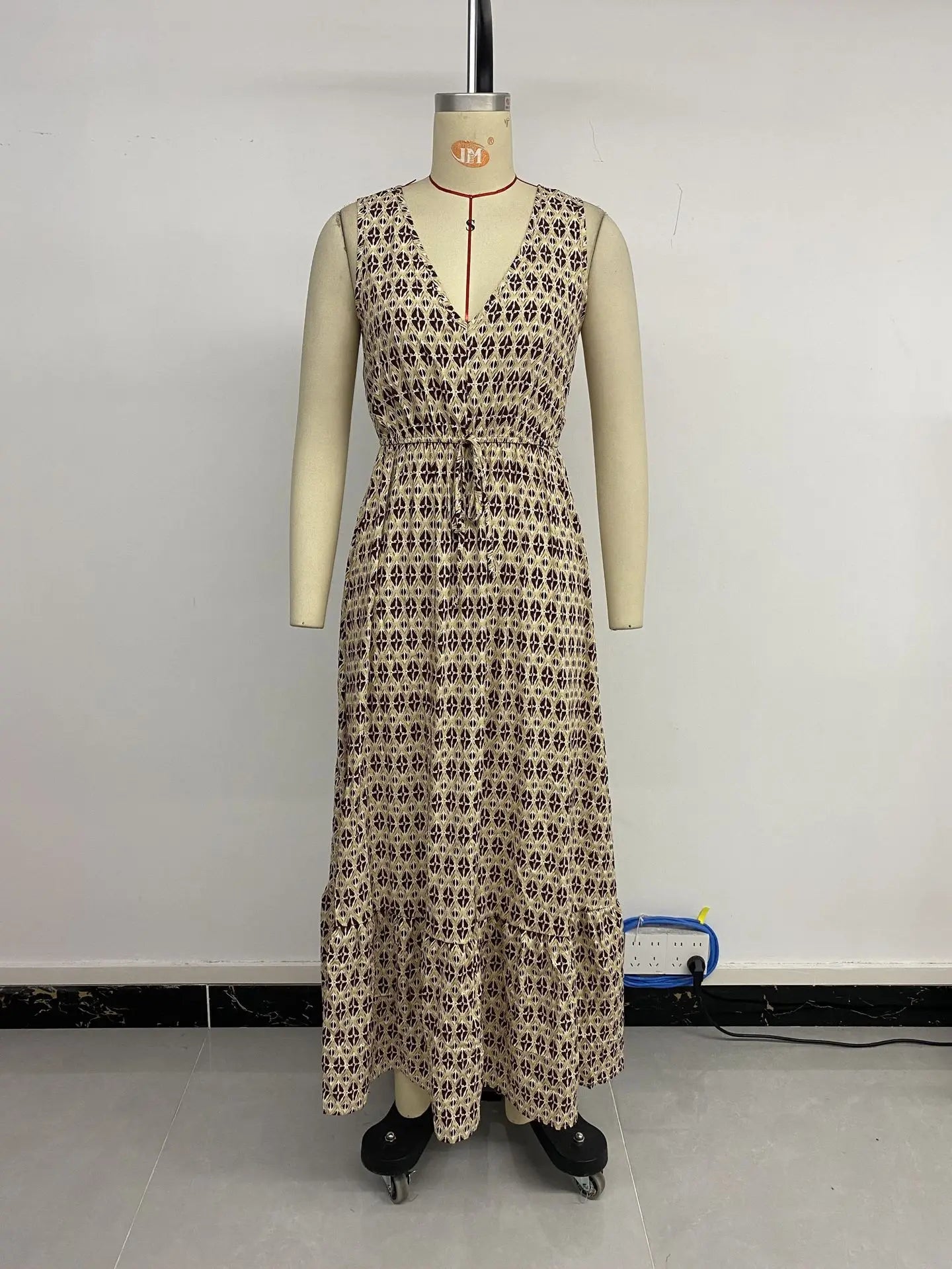 Printed Spaghetti Strap V-Neck Dress With Waist Tie for Women