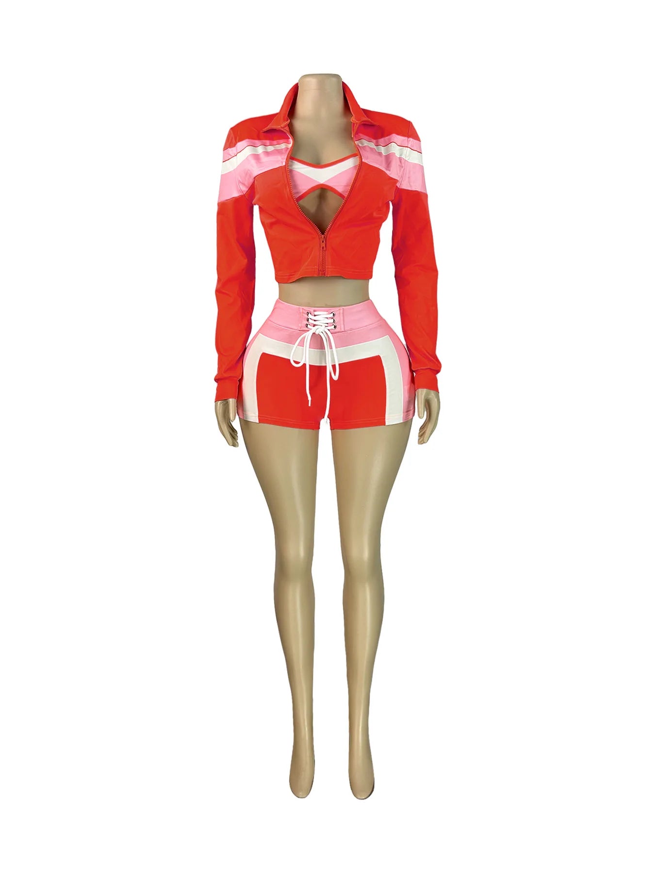 FAGADOER Sexy Sport 3 Pieces Set for Woman Color Block Long Sleeves Jacket + Tanks Top and Shorts Matching Female Beach Swimsuit