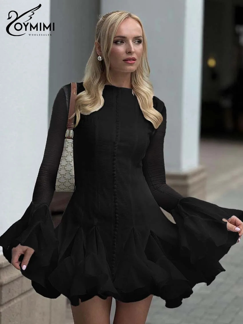 Oymimi Casual Pink O-Neck Women's Dress Fashion Petal Sleeve Single Breasted Solid Dresses Elegant High Waist Pleated Mini Dress