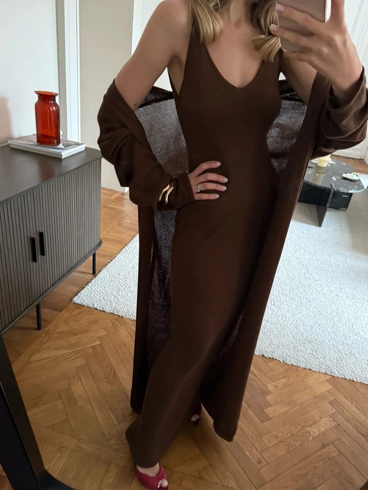V-Neck Ribbed Knit Maxi Dress Set