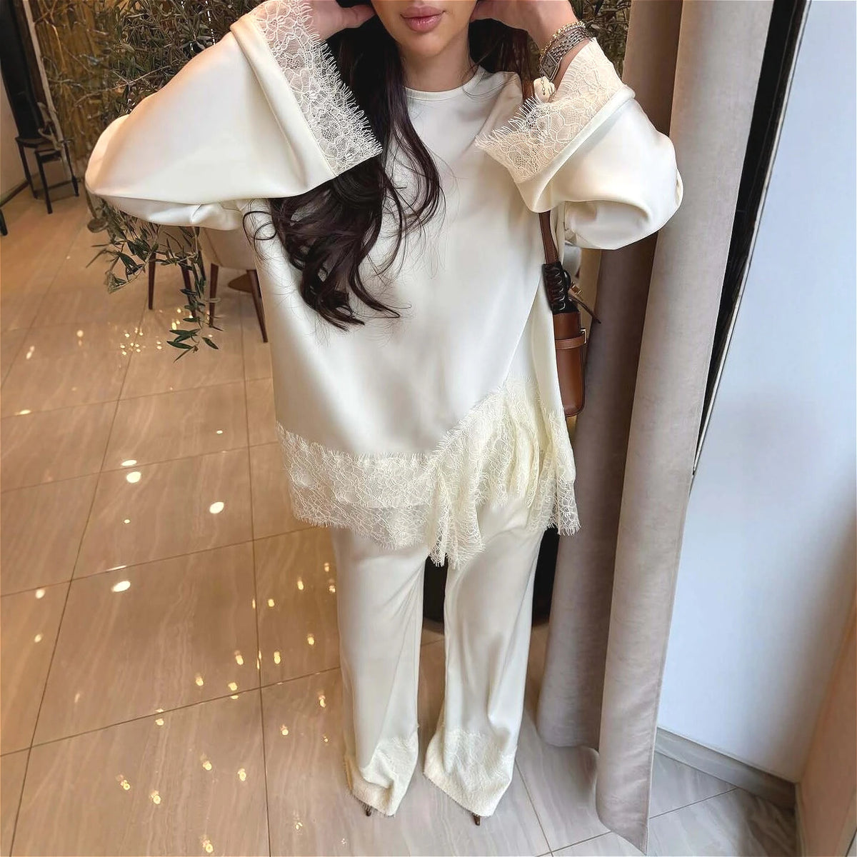 Elegant Lace Satin Wide Leg Pants Two Piece Set for Women