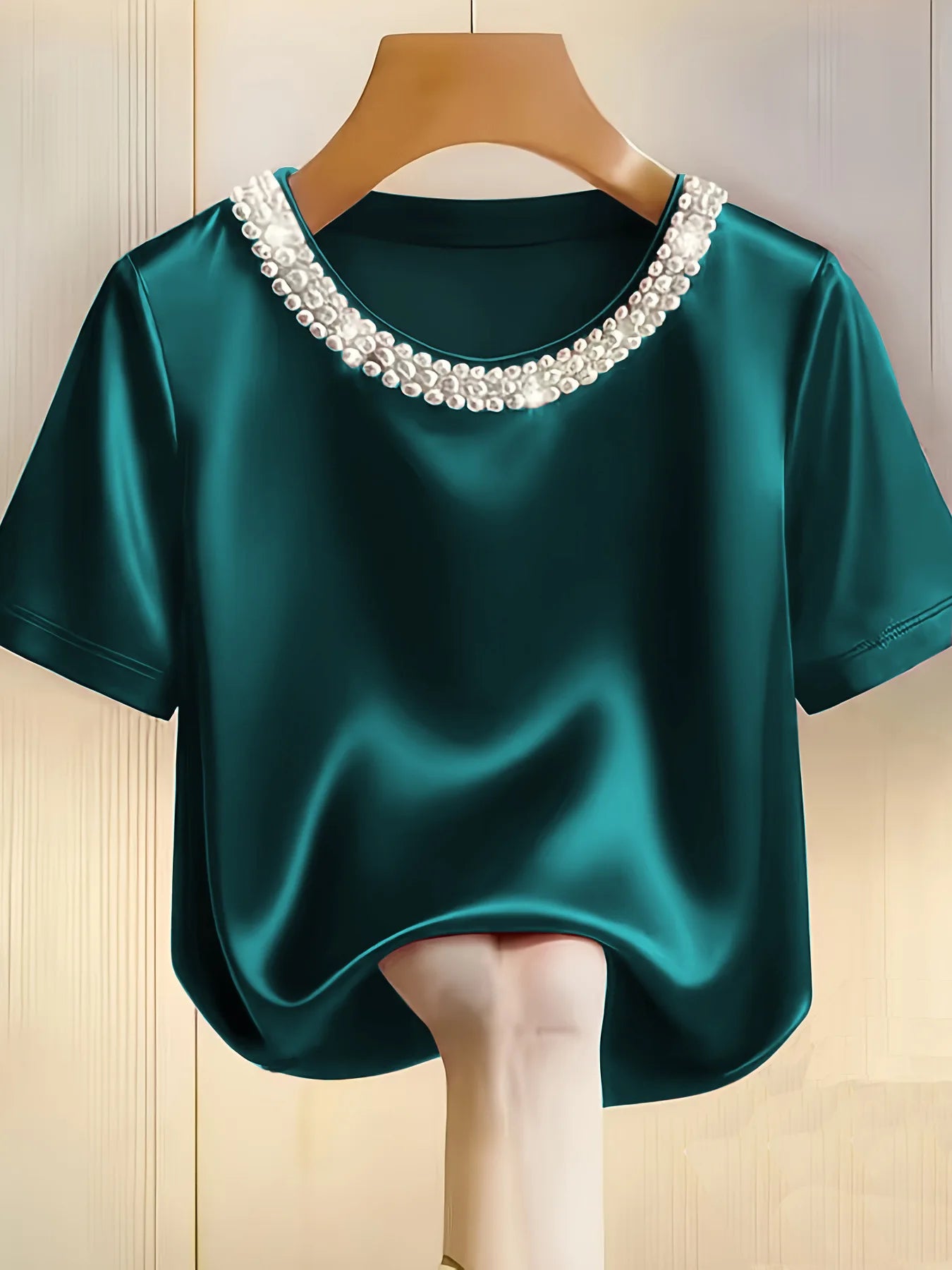 Satin Round Neck Pearl Beaded Decor Short Sleeve Top for Women