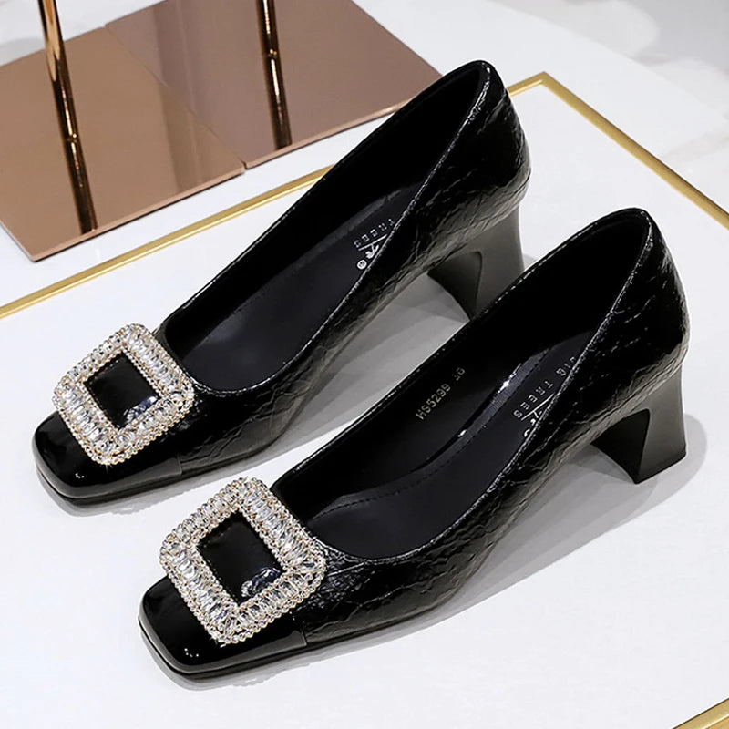 Elegant Crystal Detail Square Heel Pumps for Women