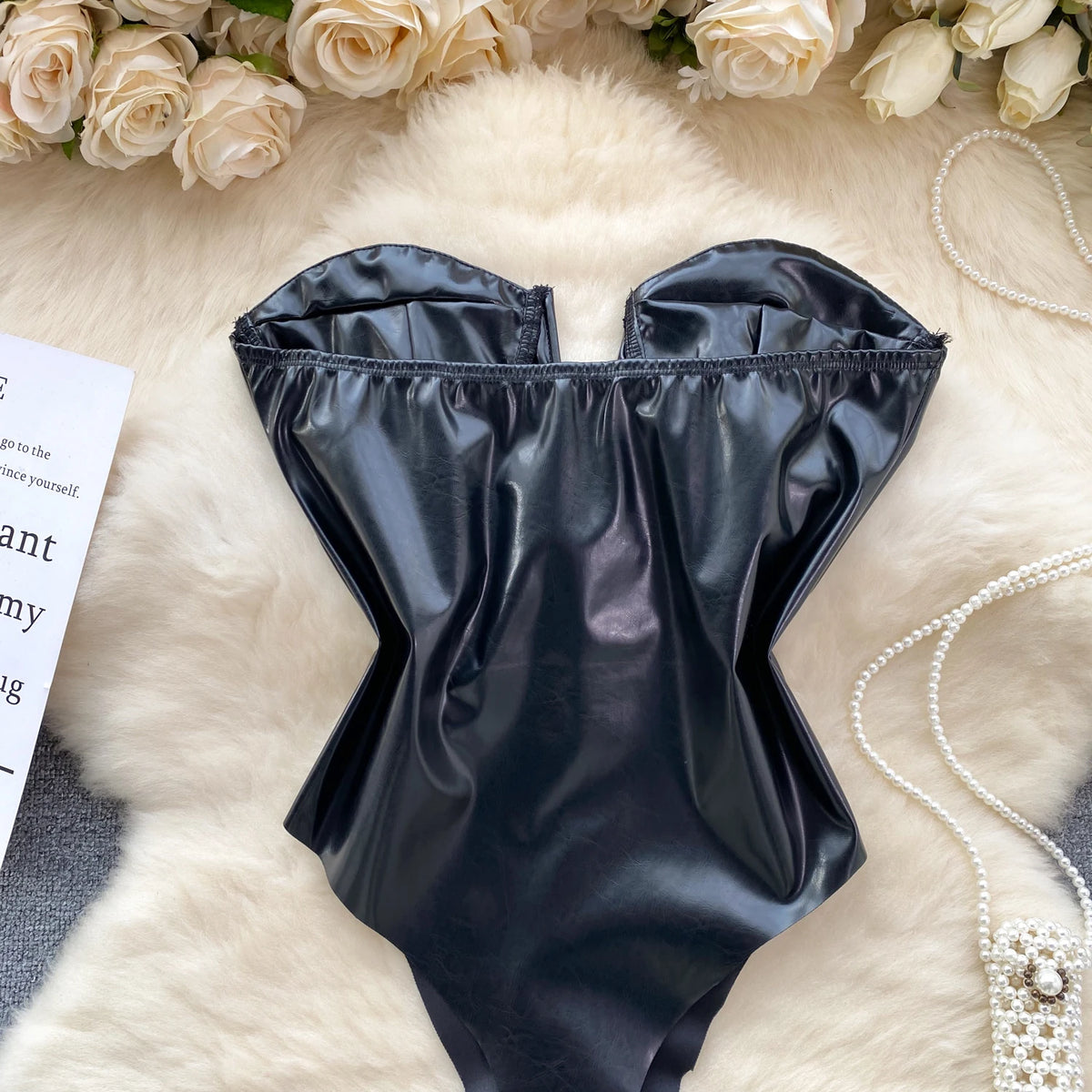 Strapless PU Leather Lace-Up Backless Bodysuit for Women