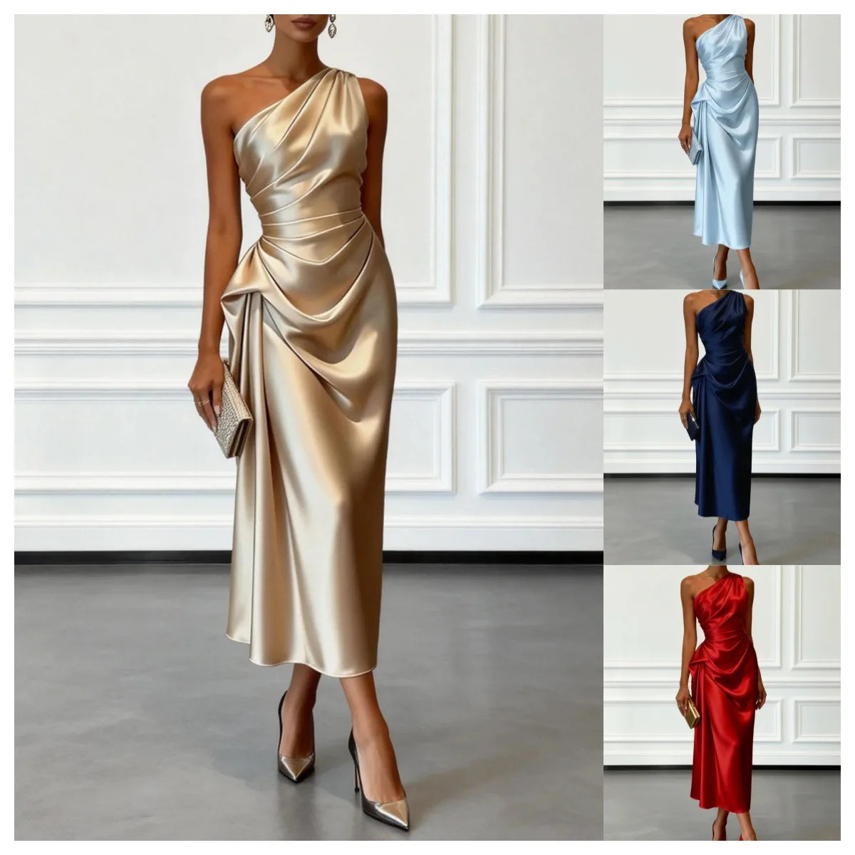 Elegant Satin Sleeveless Evening Party Midi Dress for Women