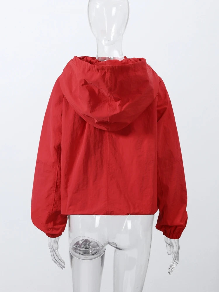 Hooded Zippered Stand Collar Lace-Up Jacket for Women