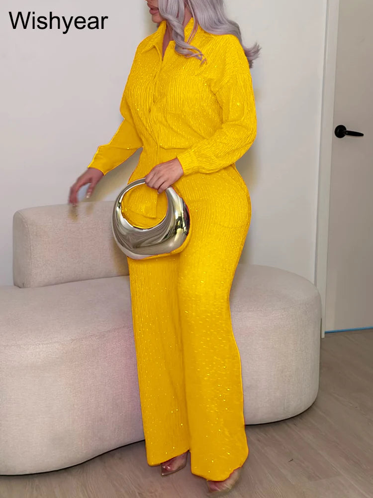 Yellow Sequin Two Piece Long Sleeve Pants Set for Women