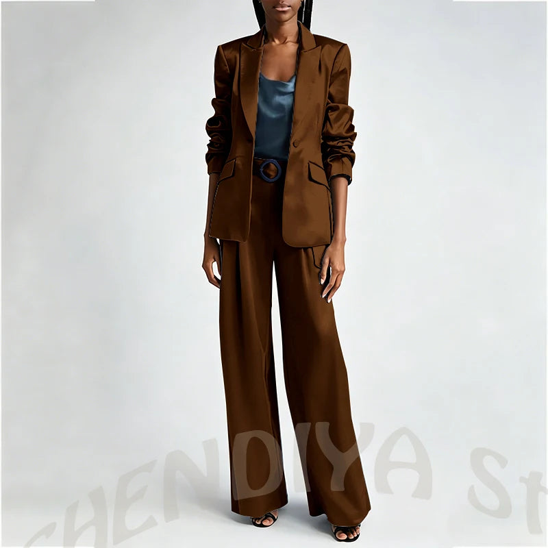 Women's Two Pieces Set Satin Peaked Lapel Elegant Fashion Single Button Straight Professional Tailor-Made Jacket with Pants