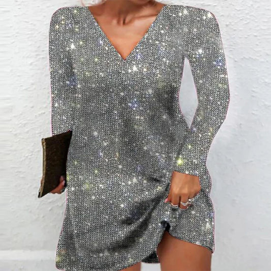 V-Neck Sequined Long Sleeve Mini Dress