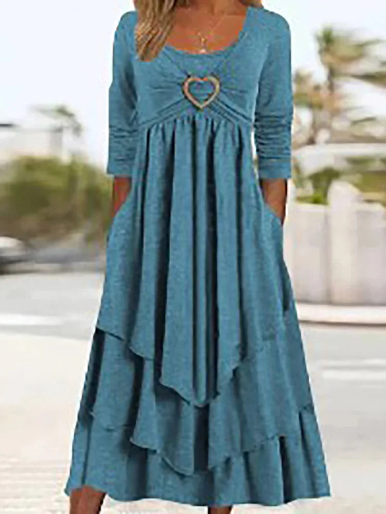 Long Sleeve Patchwork Midi Dress With Pockets for Women