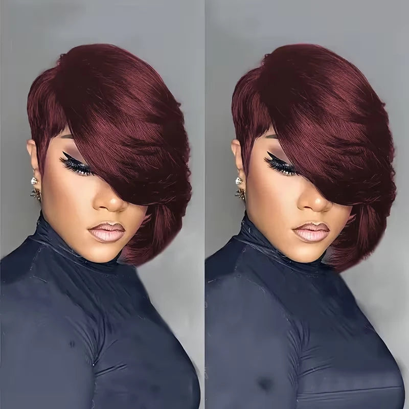 Short Pixie Cut Human Hair Wig With Bangs for Women