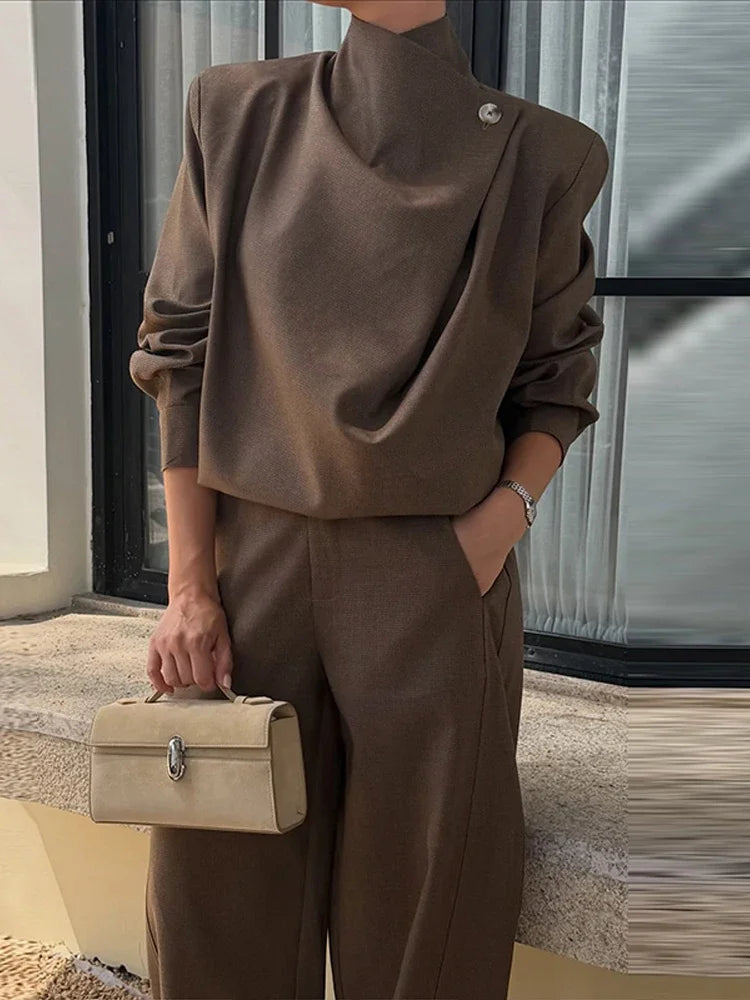 Solid Draped Funnel Neck Long Sleeve Wide Leg Two Piece Set For Women