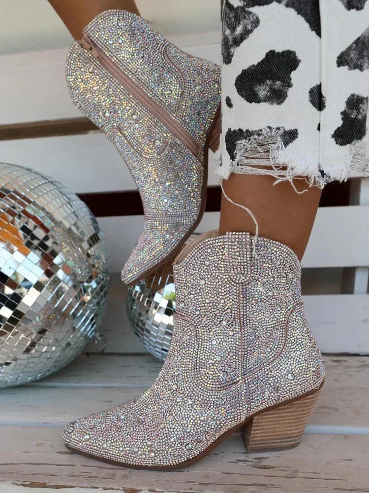 Glitter Western Ankle Boots With High Heels for Women
