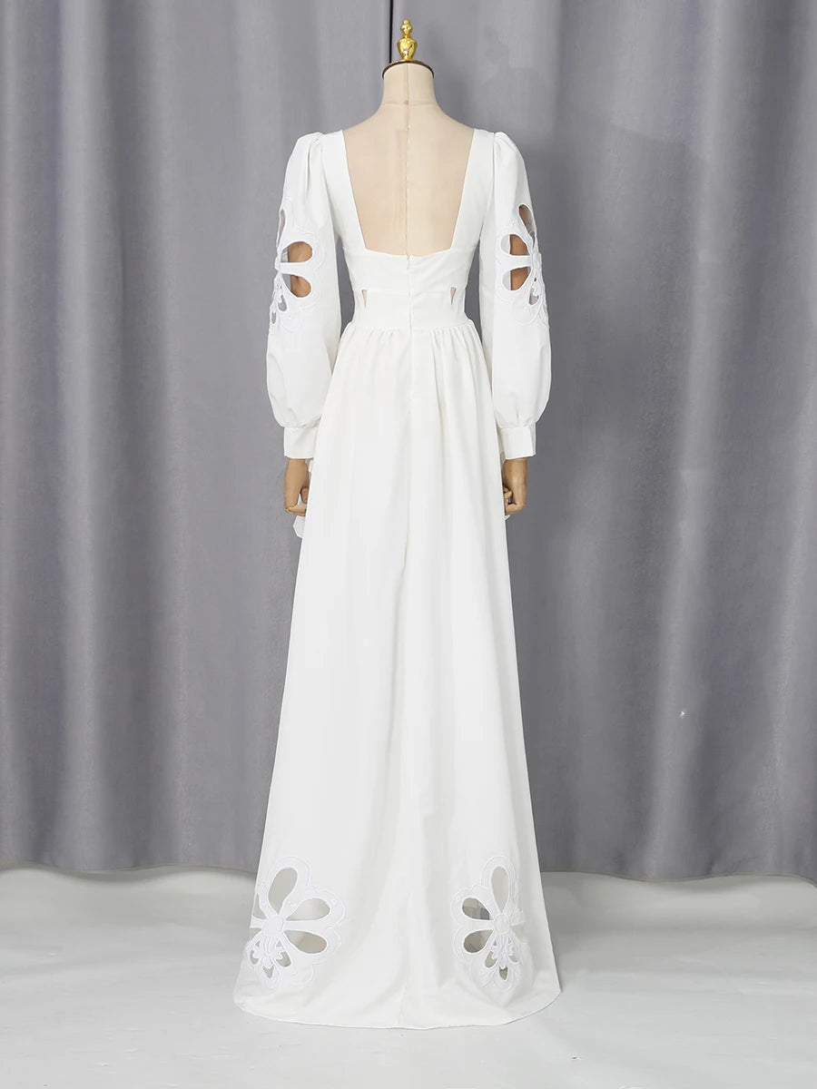 White Floral Cutout Puff Sleeve Gown With Asymmetric Train for Women