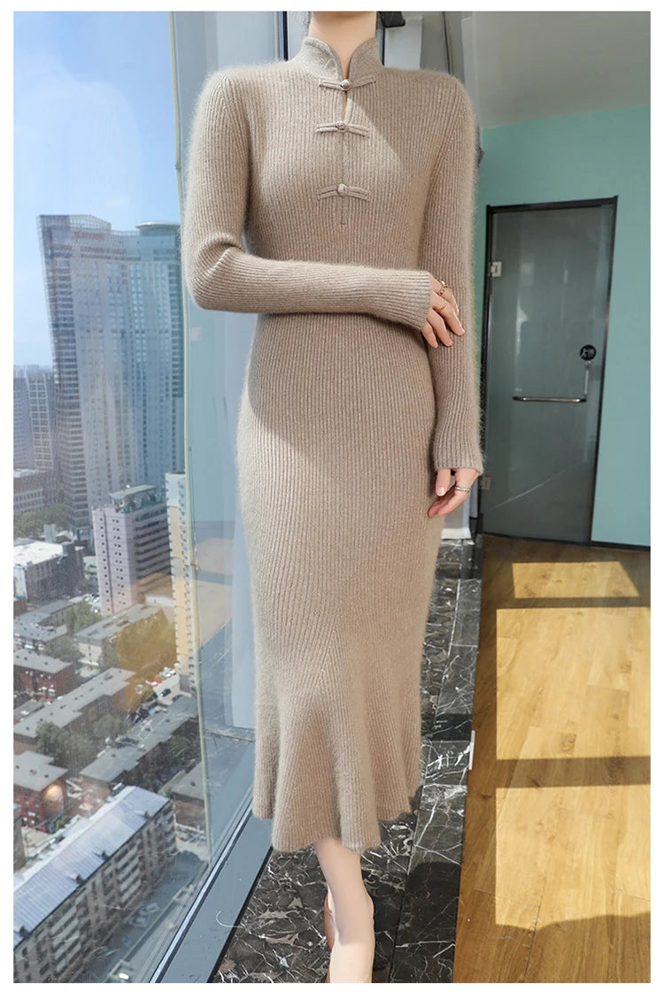 Stand Collar Ankle Length Fishtail Knit Dress for Women