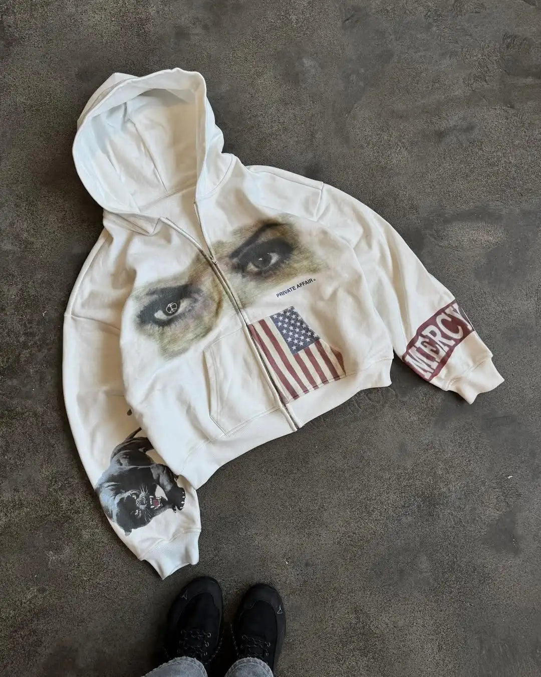 American Vintage Print Zipper Hooded Sweatshirt High Street Trend Zipper Hooded Sweatshirt Harajuku Y2k Zipper Hooded Sweatshirt