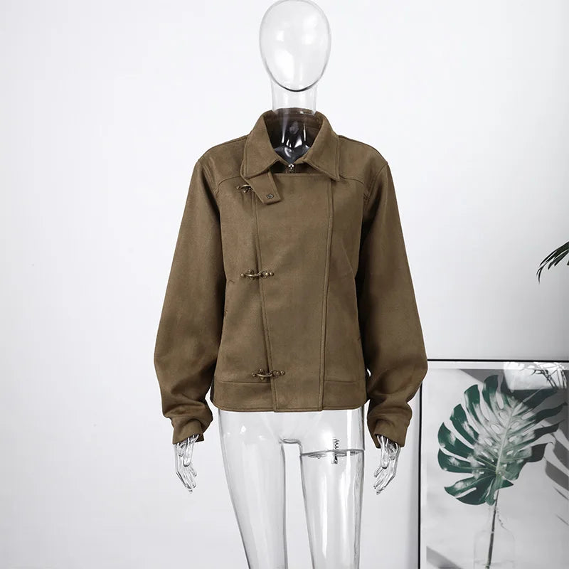 Elegant Metal Button Asymmetric Coat With Turn Down Collar for Women