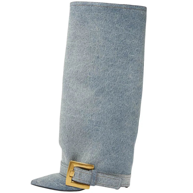 Design Women Metal High Heel Pointed Toe Belt Buckle Knee High Boots Sexy Women Pointy Gold Belt Buckle Knee Boots Plus Size 46