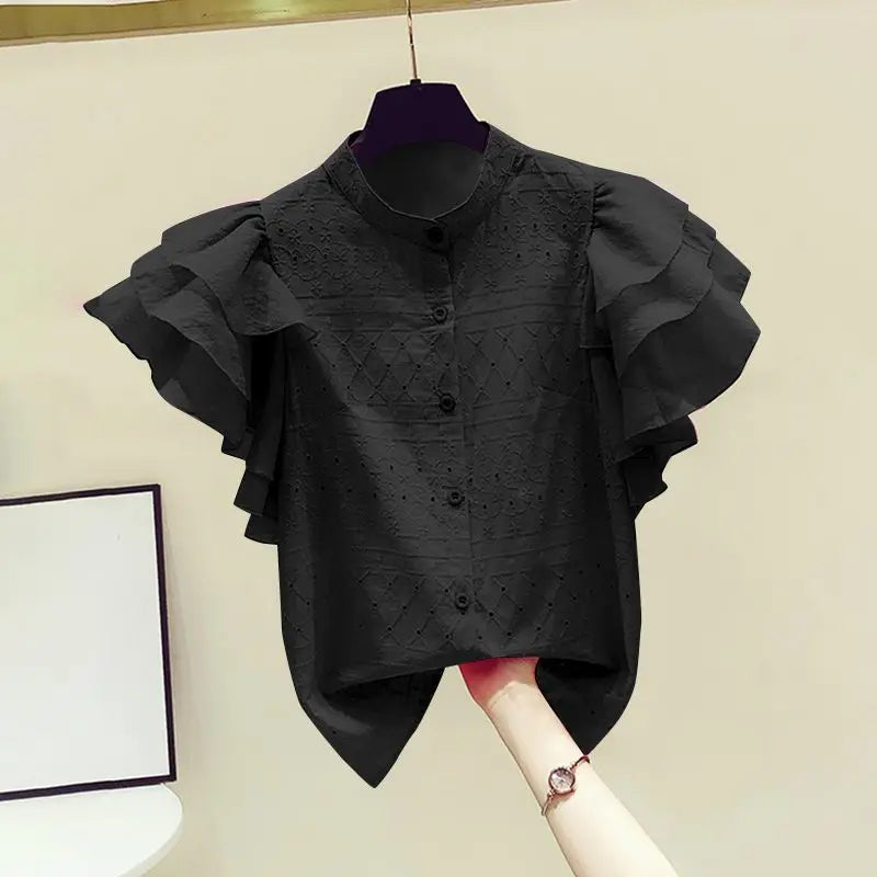 ZANZEA Korean Fashion Lace Shirt Women Ruffle Short Sleeves Tops 2024 Summer Designer Blouse Office Lady Lapel Neck Buttons Tops