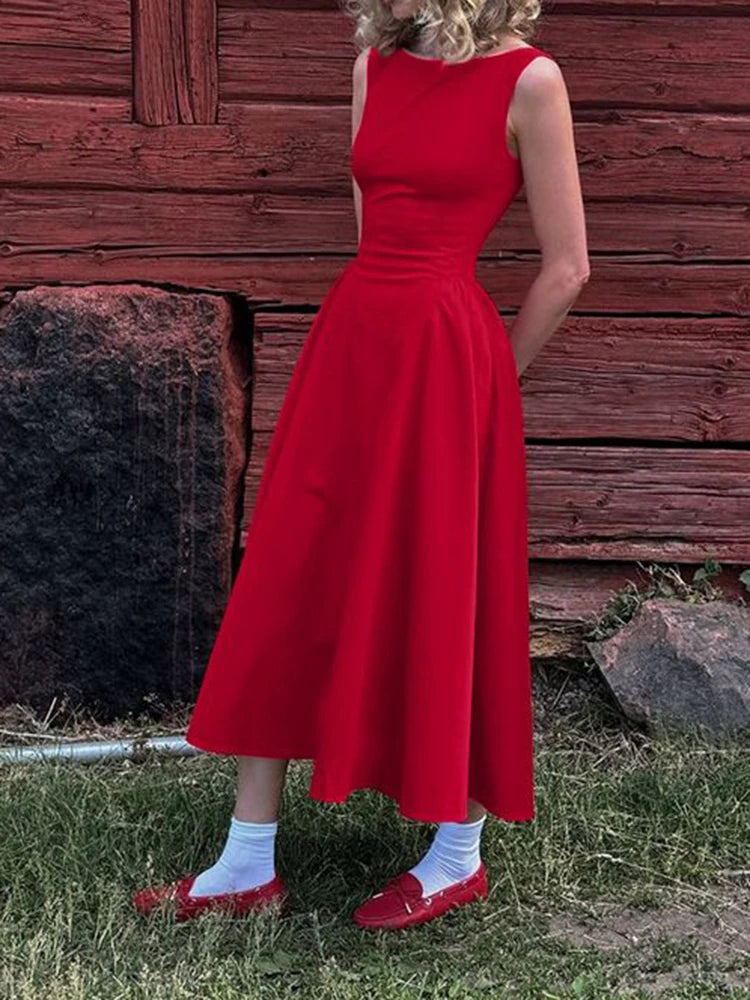 Solid Color Sleeveless Backless Dress with Waist Tie for Women
