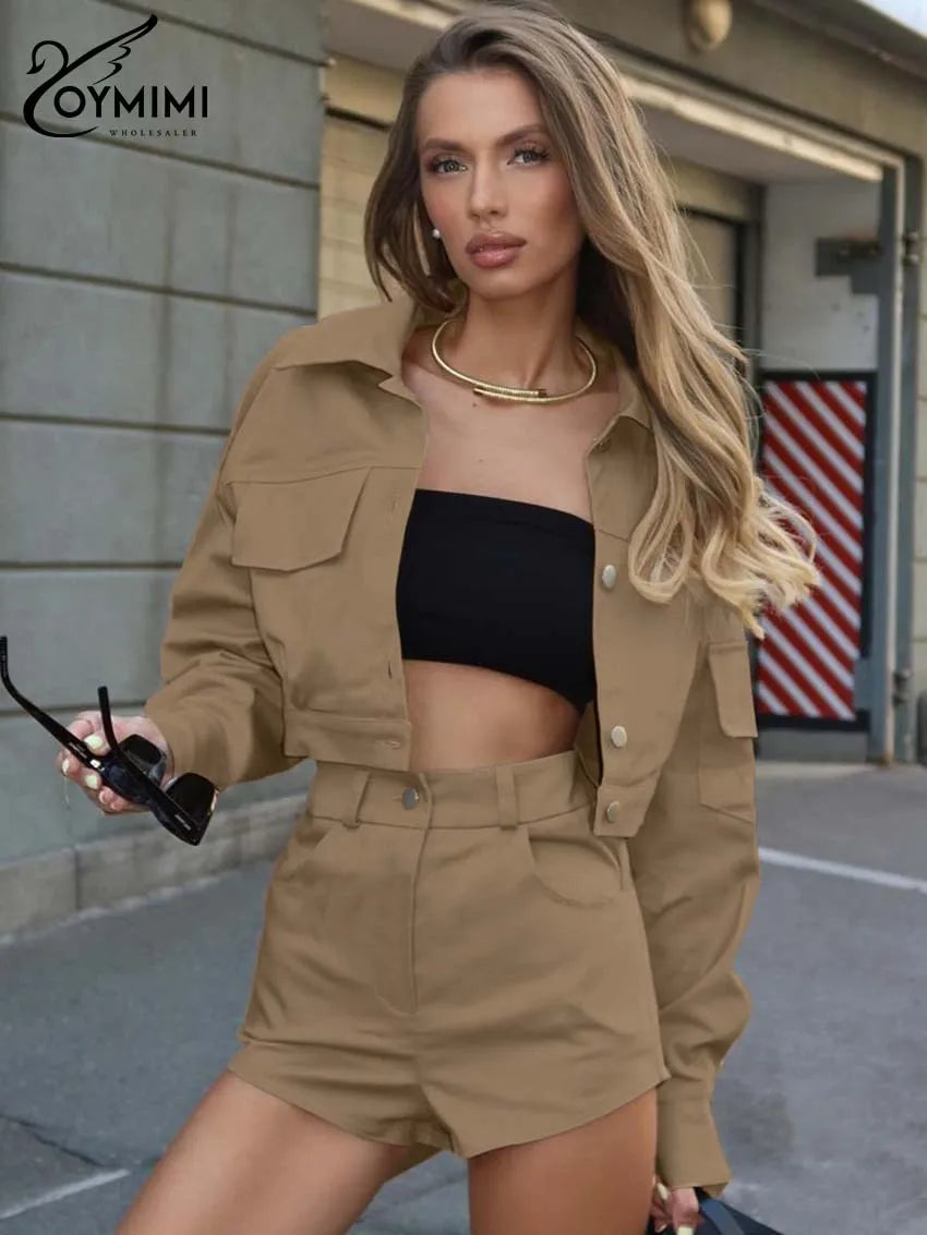 Oymimi Casual Khaki Womens 2 Piece Outfit Set Fashion Long Sleeve Button Pockets Shirts And High Waist Simple Shorts Streetwear