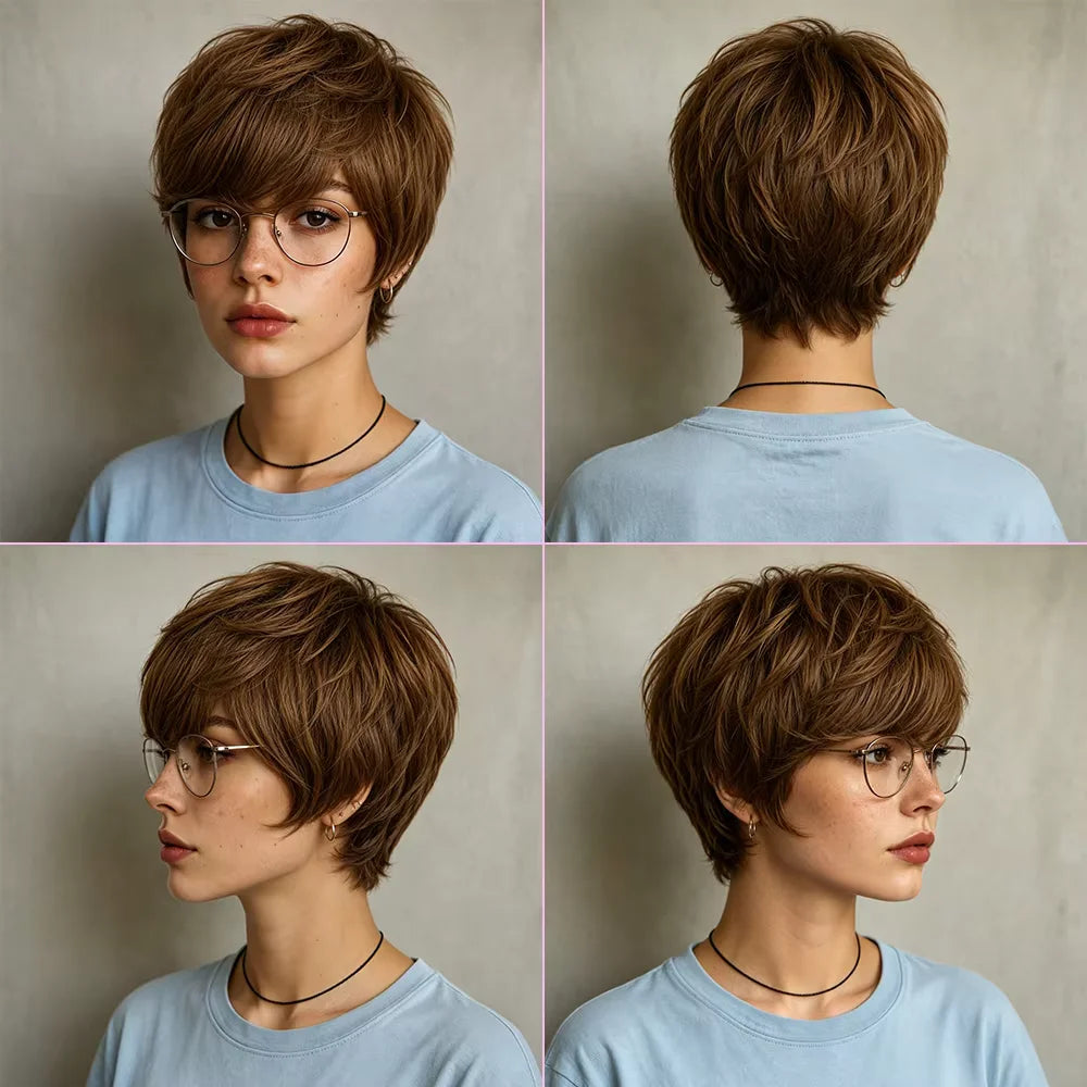 Straight Short Pixie Human Hair Wig With Bangs For Women