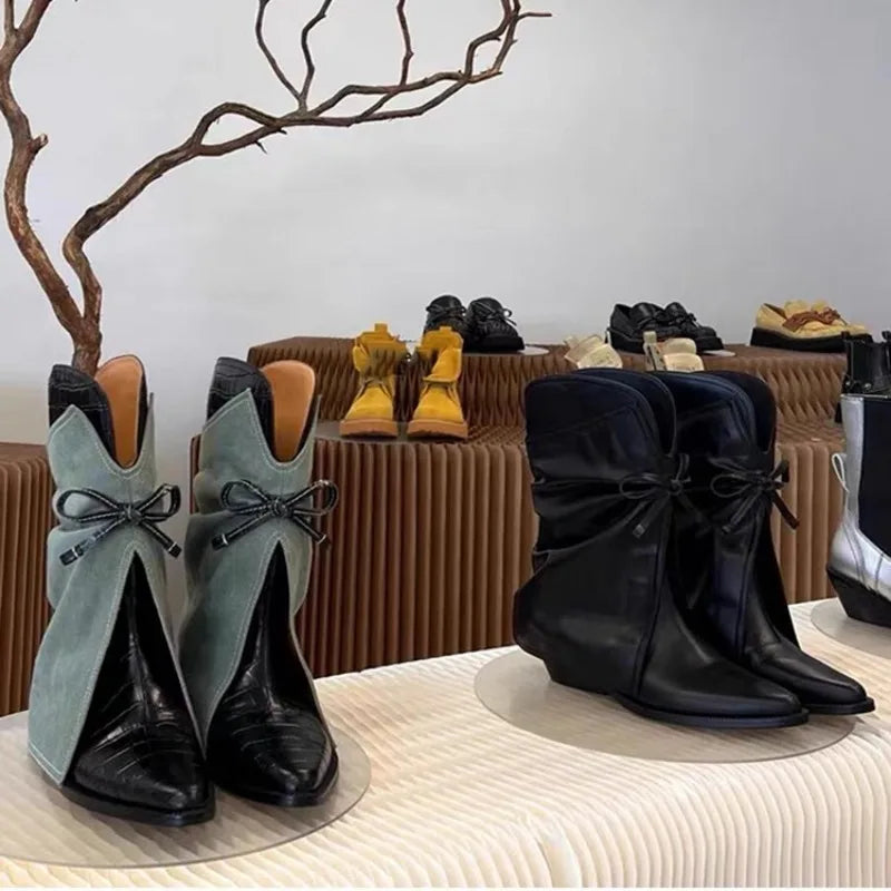 Pointed Bowknot Mid Calf Western Cowboy Boots for Women