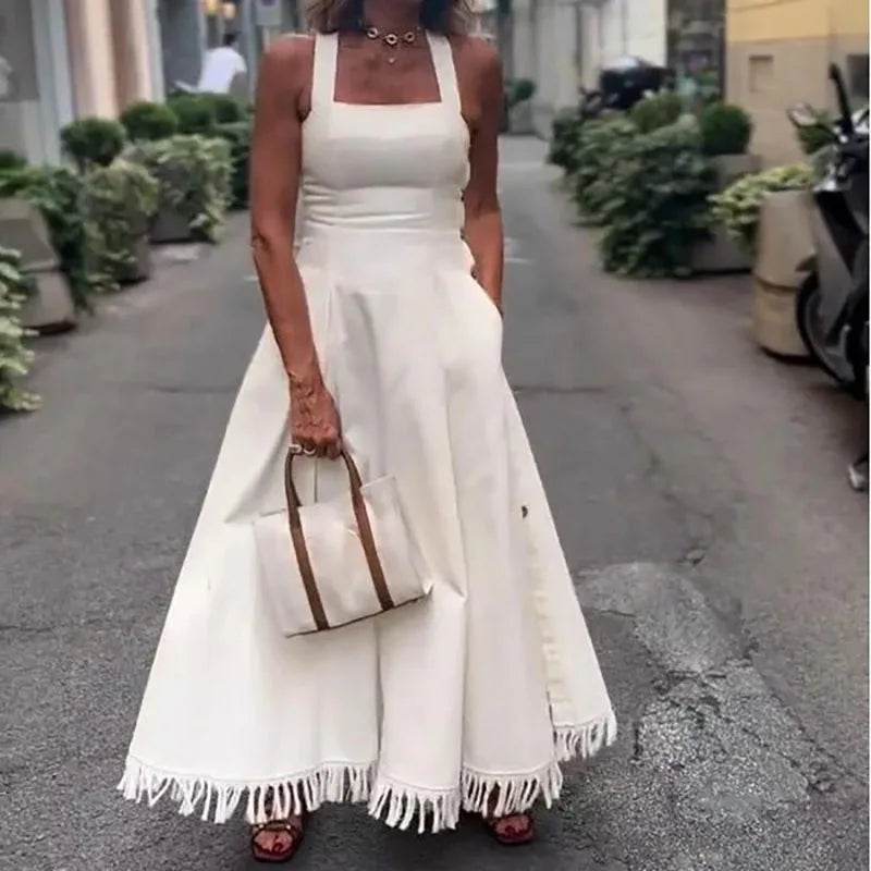 Fashion Square Collar Waist Slim Long Dress Women Casual Sleeveless Pocket Solid Party Dress Elegant Tassel Splicing Maxi Dress