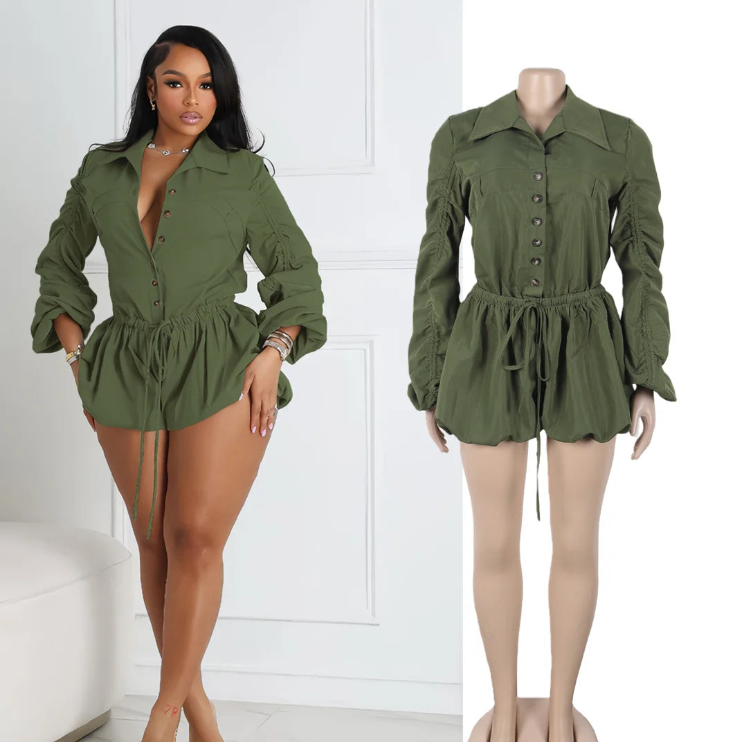 Elegant Ruched Drawstring Lantern Sleeve Romper for Women