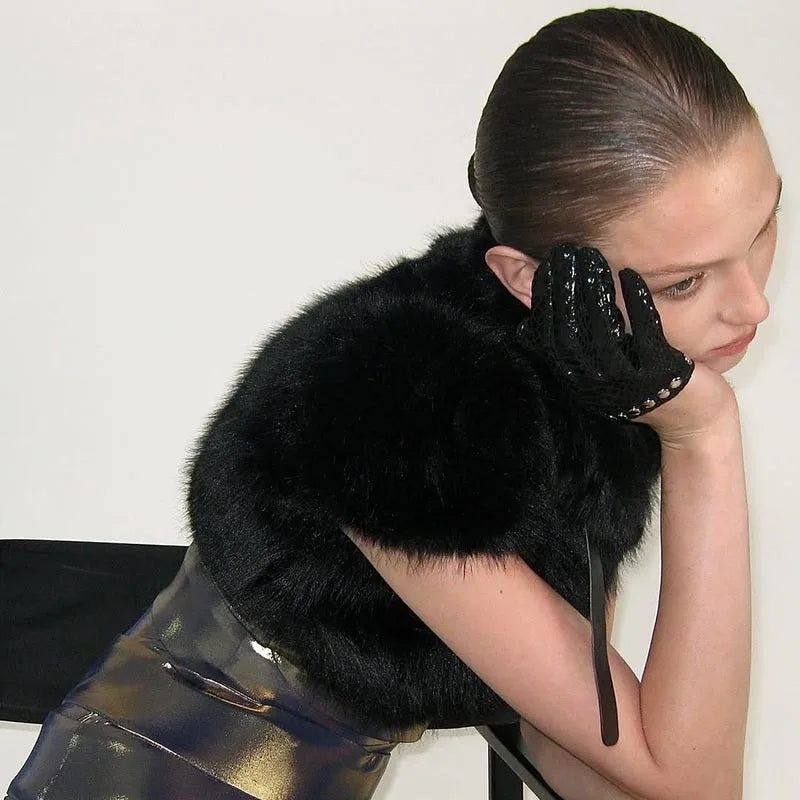 BOOFEENAA Fluffy Faux Fur Cropped Jacket Coat Woman Clothes Winter 2025 Streetwear Fashion Vest Top C85-EF24