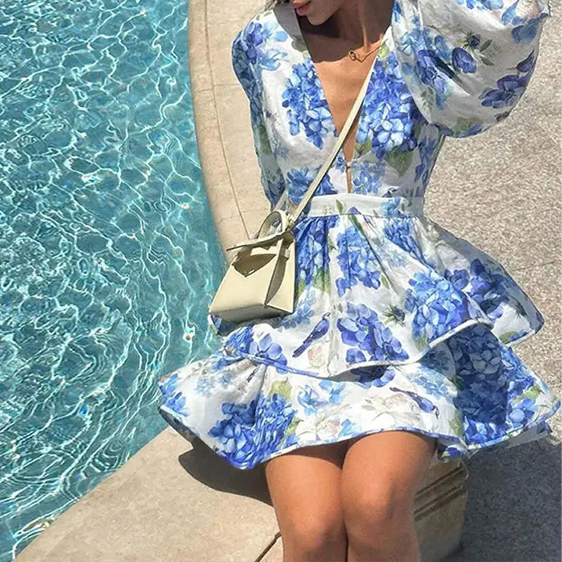 Elegant Deep V Neck Bubble Long Sleeve Patchwork Printed Mini Dress for Women