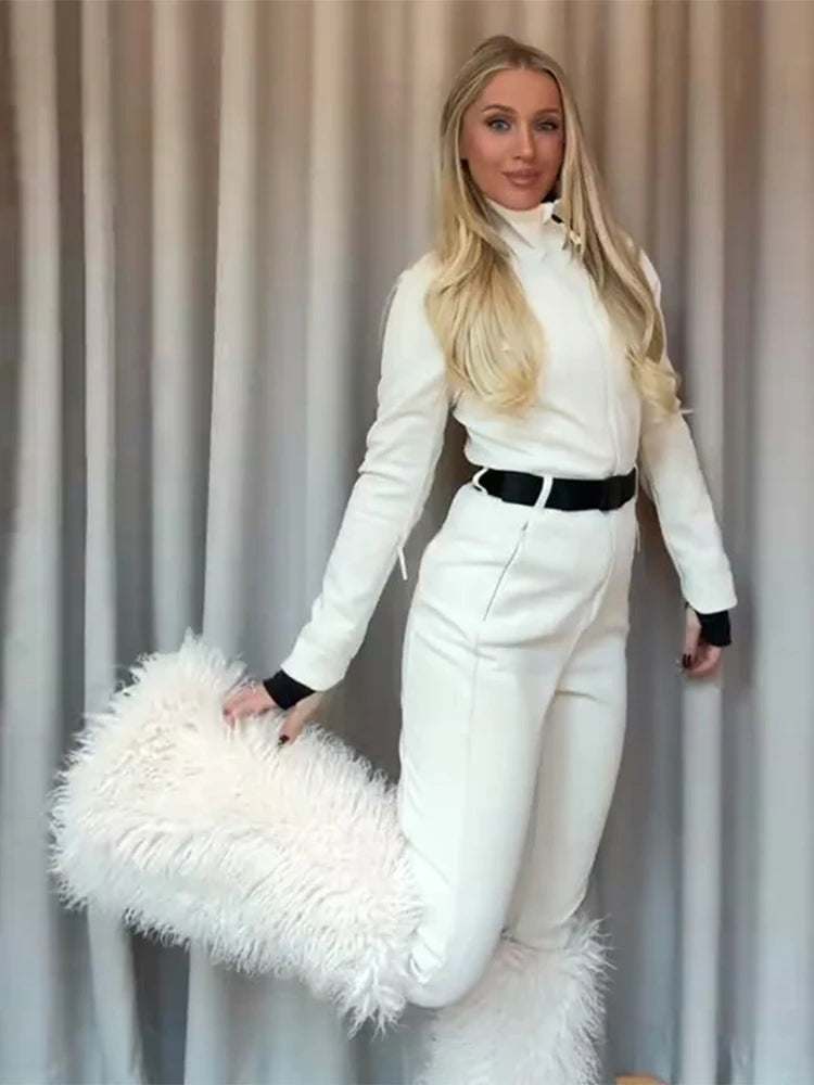 Women's Jumpsuit Loose Stand Collar Thicken Jackets Pants Sets Belt 2 Pieces Female Winter Woman Snowsuit Outfits For Outdoor