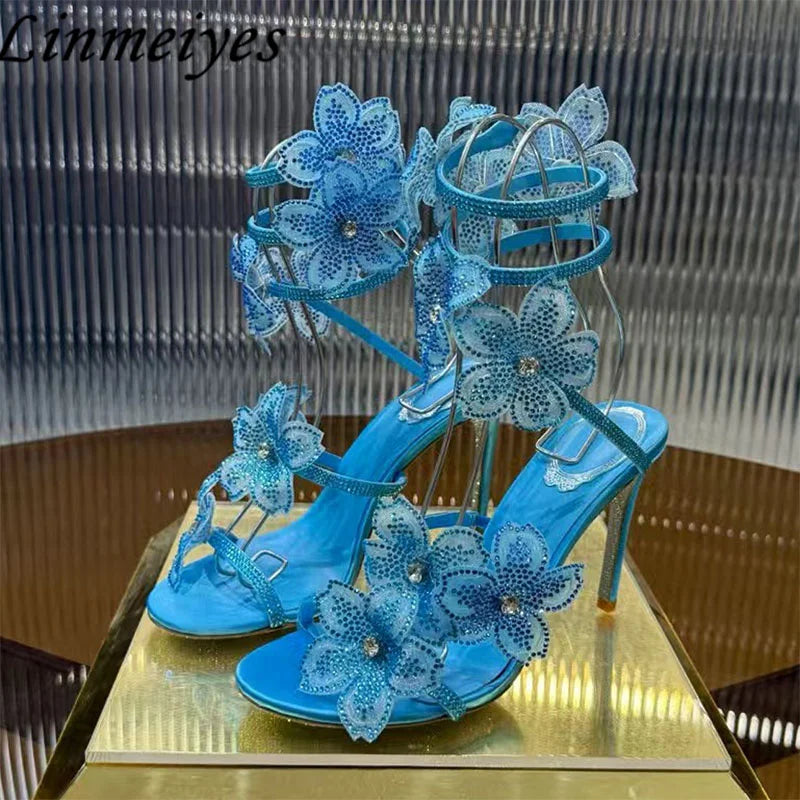 Rhinestone Flower Embellished Wedding High Heel Sandals for Women