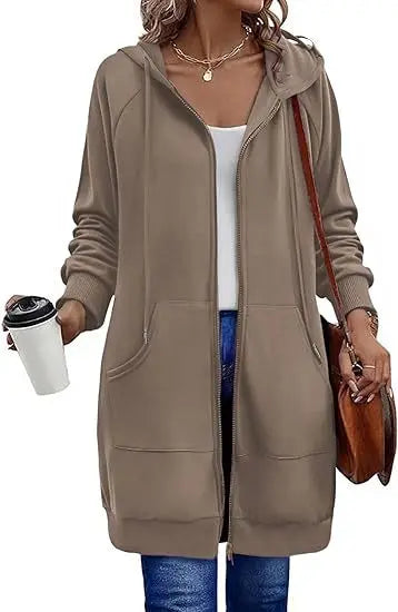 Solid Color Long Sleeve Zippered Hoodies For Women