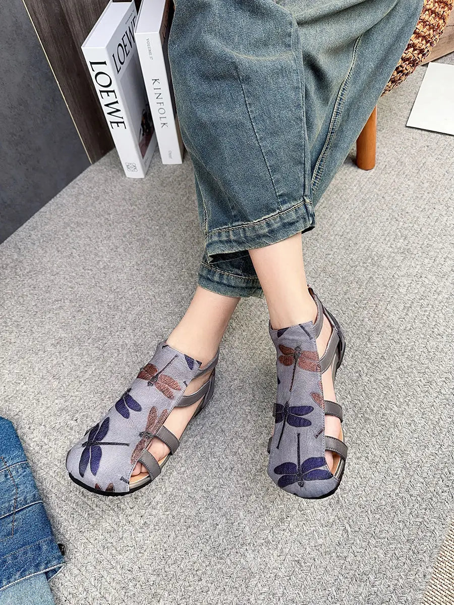 Flat Printed Genuine Leather Roman Sandals for Women