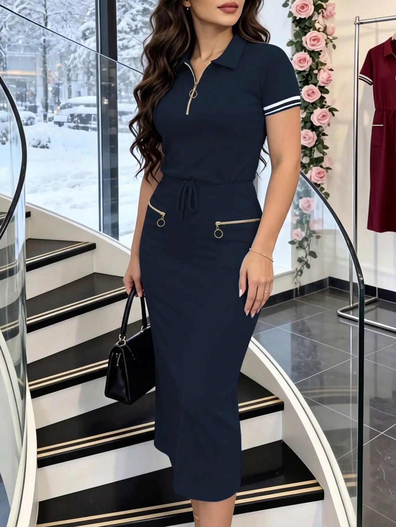 New Spring and Summer Women's Burgundy Notch Lapel Half-Zip Short-Sleeve T-Shirt with Color-Blocking Striped Cuffs, paired with a Drawstring Elastic Waist Zipper Pocket Front-Split Pencil Skirt Two-Piece Set