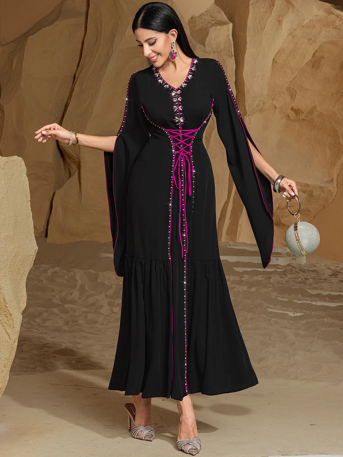 Diamond Embellished Moroccan Kaftan Maxi Dress for Women