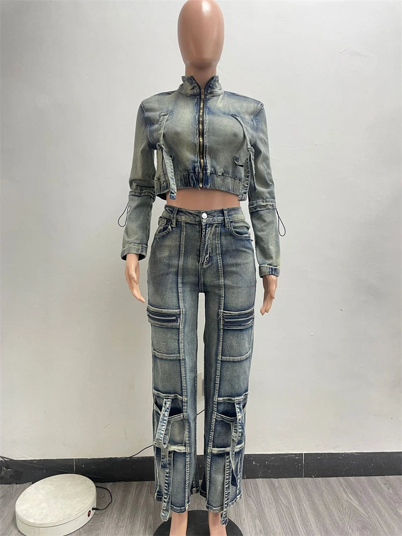 Streetwear Denim Crop Top And Cargo Pants Set for Women