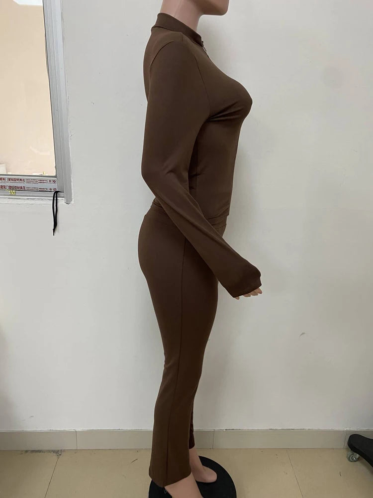 Zip Up Crop Top and High Waist Pants Tracksuit Set for Women