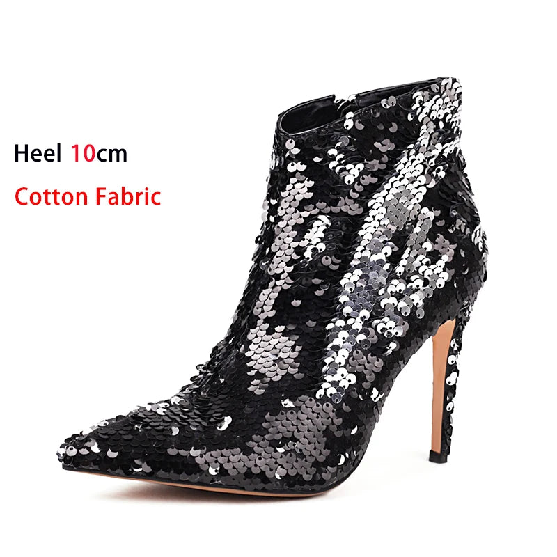 Sequined Pointed Toe Ankle Boots with Stiletto Heels for Women