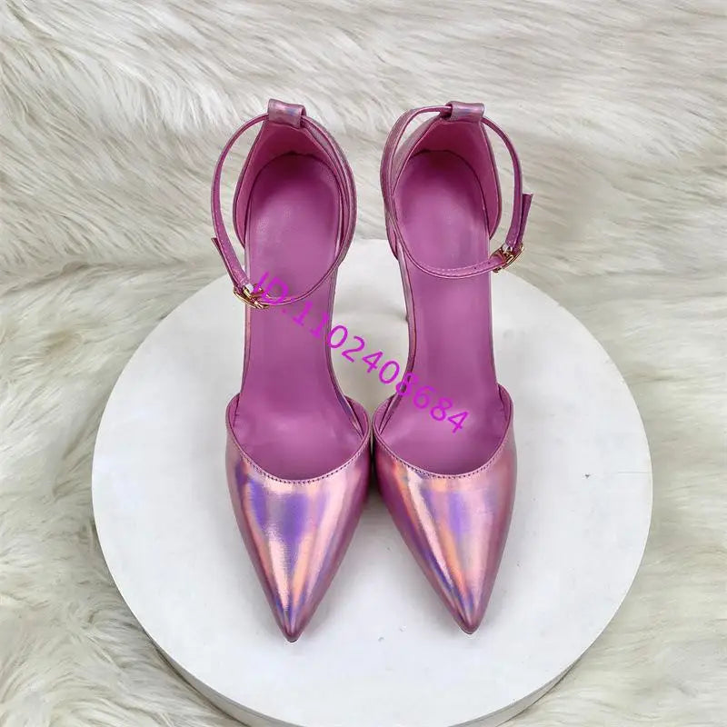 Sexy Lady 12cm High Heel Sandals Pointed Toe Purple Pink Bright Buckle Sandals for Women plus Size 45