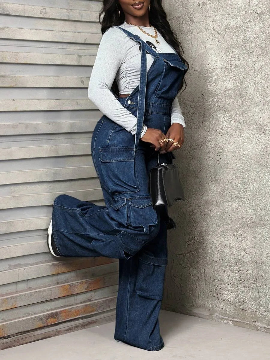 Patchwork Denim Jumpsuit with Spaghetti Straps for Women
