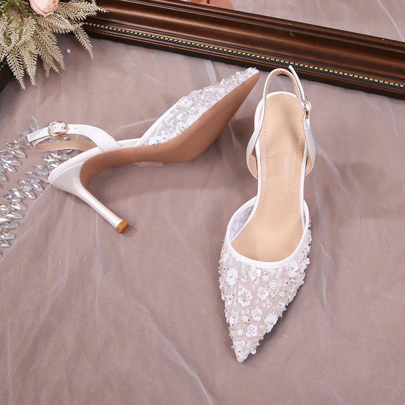 Elegant Floral Lace Back Strap High Heel Sandals for Women