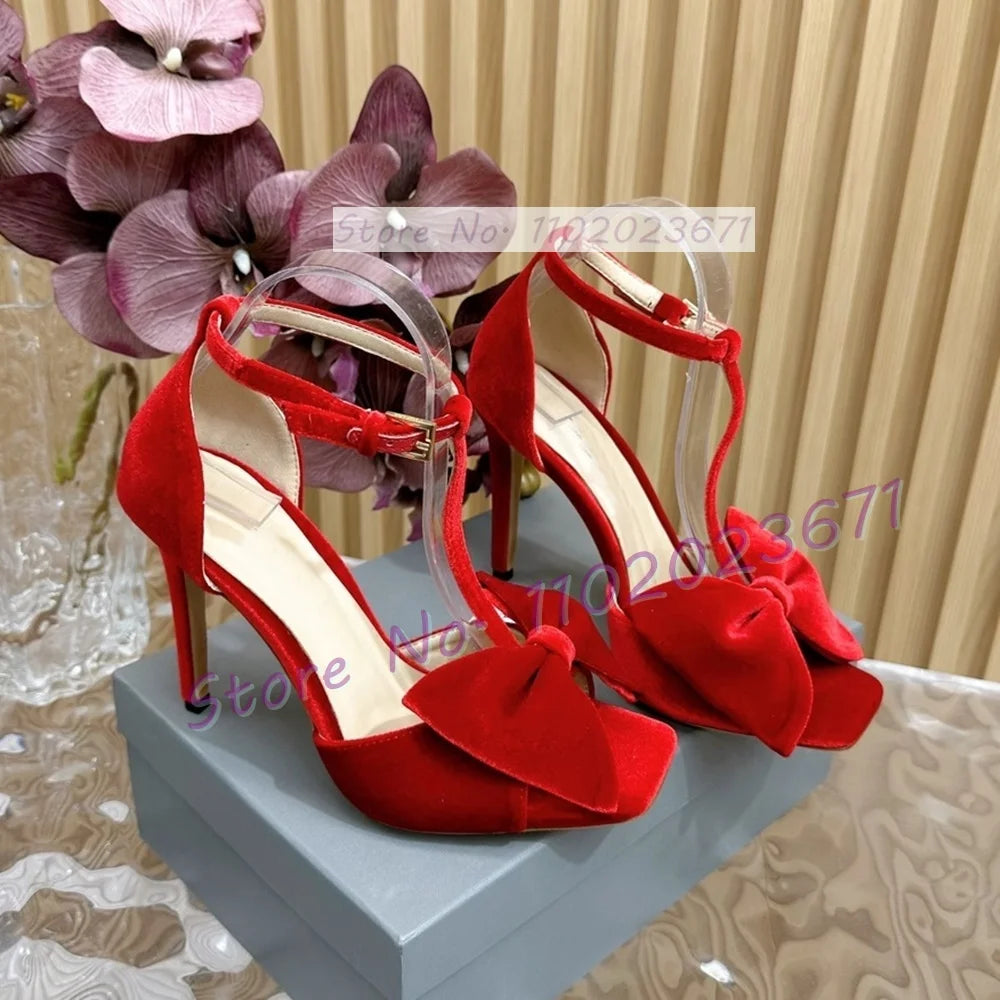 Bow-embellished Velvet Sandals Women's Luxury T Strap Square Toe High Heels Sandals Newest Luxury Party Trendy Cover Heel Shoes