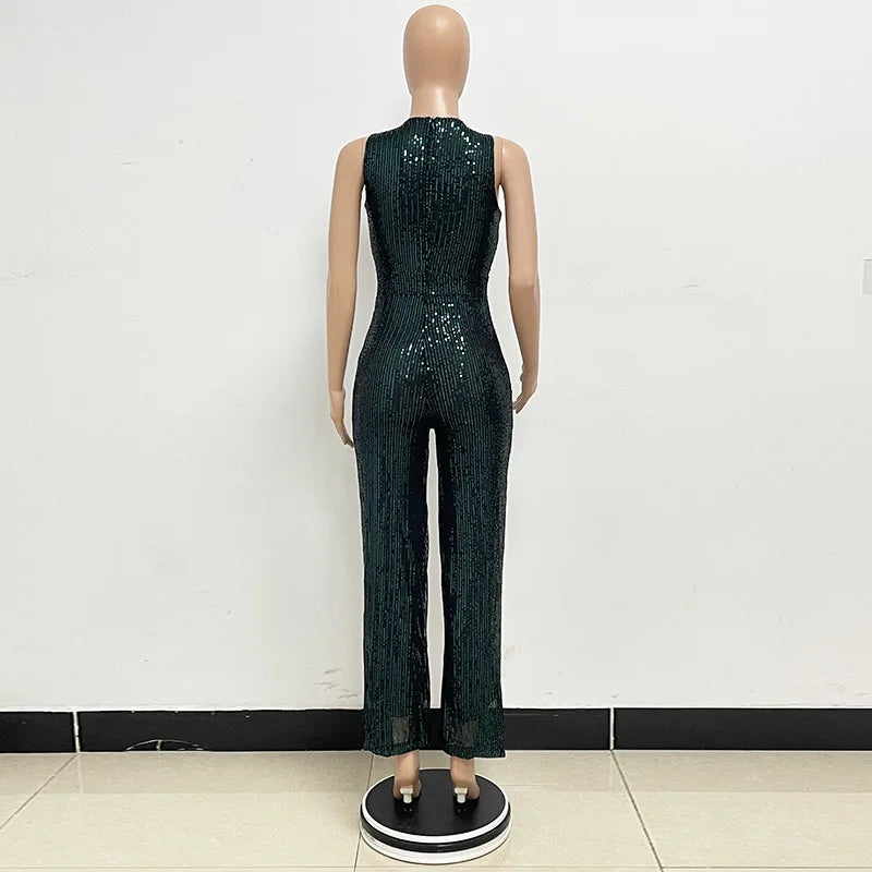 Elegant Silver Sequined Straight Cut Jumpsuit for Women