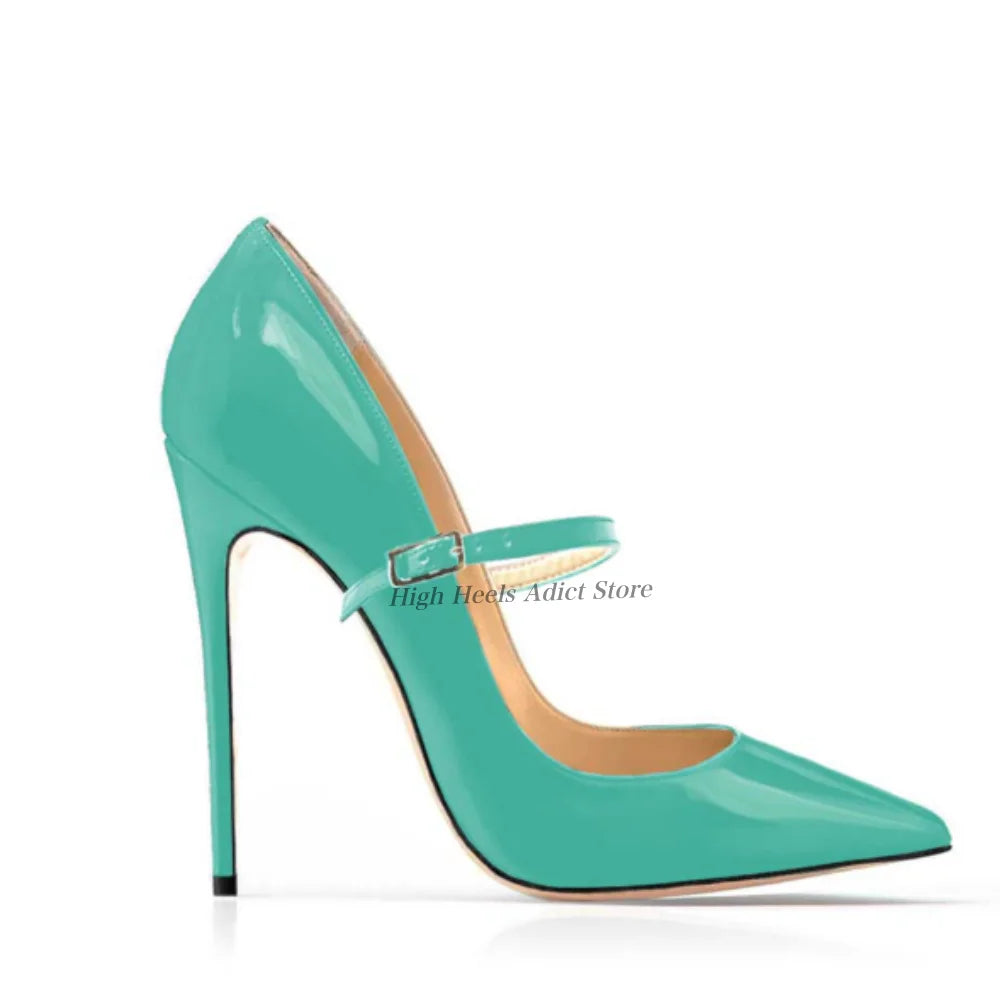 Baby Blue Patent Leather Pointy Toe Strappy Pumps For Women